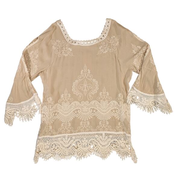 NWT Solitaire Beige Embroidered Tunic Shirt Size S Slit Sleeve Boho - Picture 2 of 16